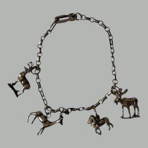 Sterling Charm Bracelet with 4 Vintage Charms: Moose, Stag, Ram, Buck. 7” 13.7g